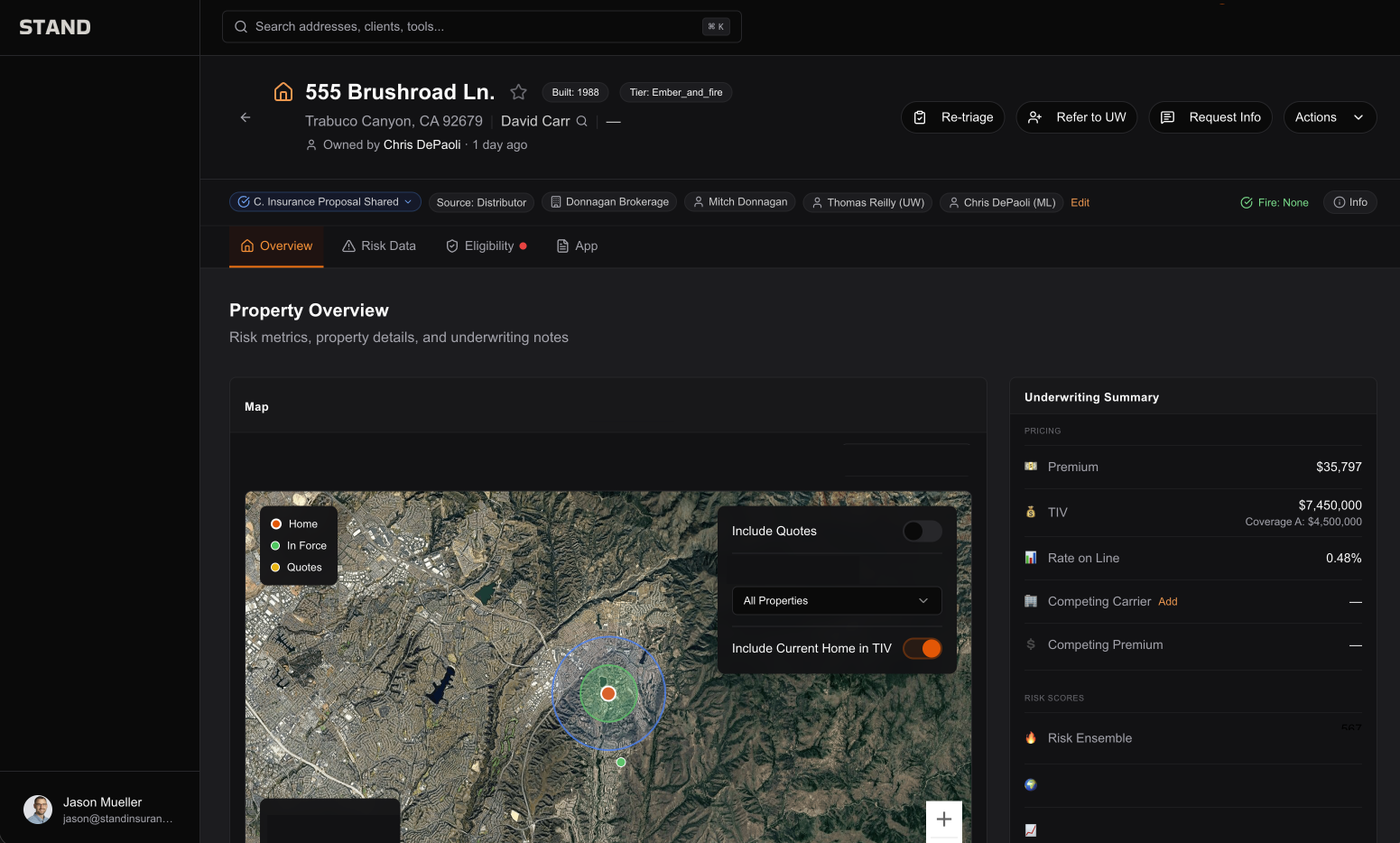 Stand internal property risk placement platform showing a property overview, map, and underwriting summary