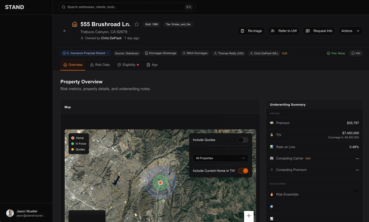 Stand internal property risk placement platform showing a property overview, map, and underwriting summary